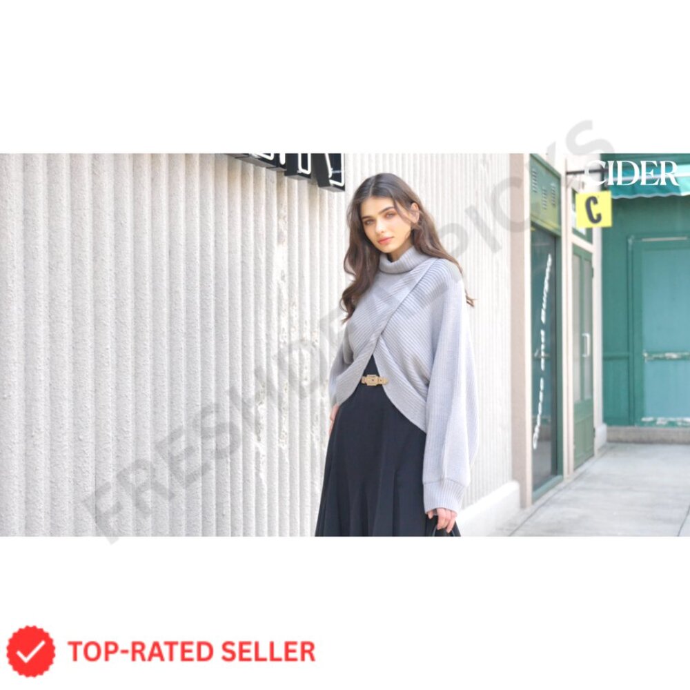 Cropped Turtleneck Sweater Long Sleeve Ribbed Knit Lantern Sleeve Pullover - Picture 7 of 7